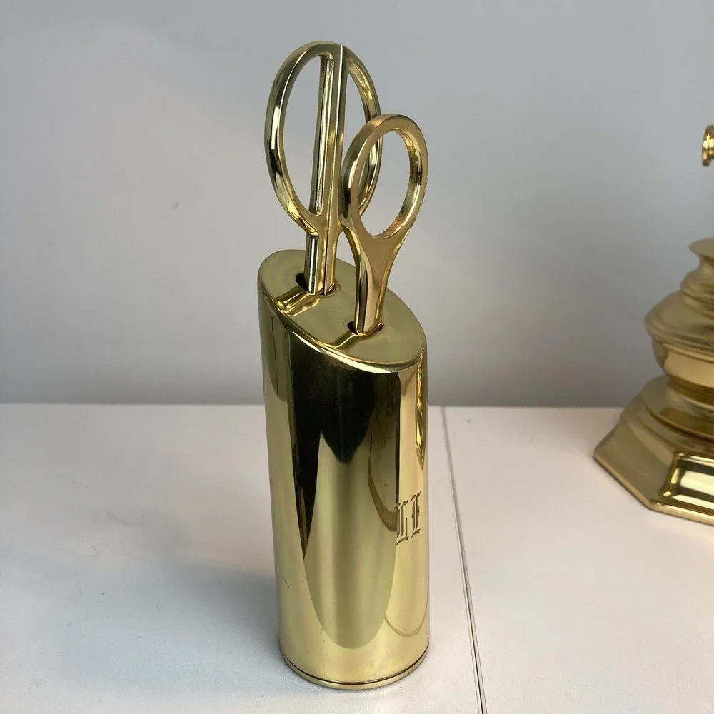 Vintage Modernist Solid Brass Gold Tone Scissors / Letter Opener Desk Set with H